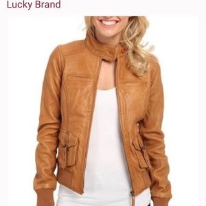 Lucky Brand camel colored genuine Lamb Leather “Sunset” Aviator Bomber Jacket XS